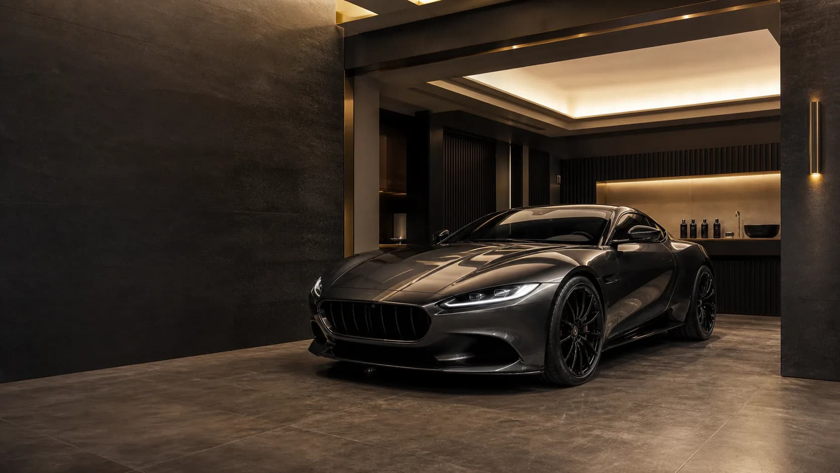 Illustrative graphite grand touring coupe in a dark Scottsdale detailing studio